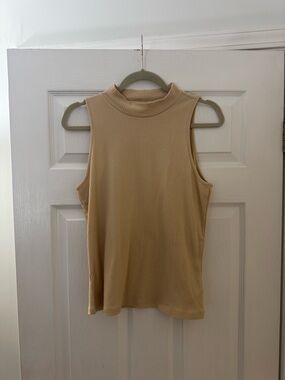 Cream Sleeveless Mock Neck Ribbed Tank Top